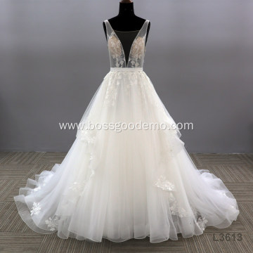 2021 Elegant Illusion Tulle Sexy Backless High Quality Beautiful Flower Pattern Lace Wedding Bride Gown